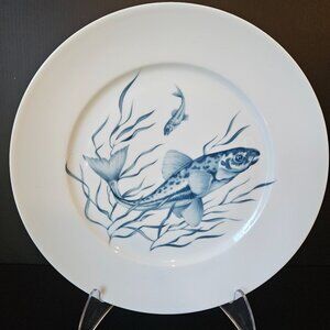 Vintage French Porcelain SOLOGNE Blue White FISH Dish Dinner Plate FRANCE